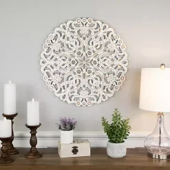 Antique White Damask Round Wall Plaque