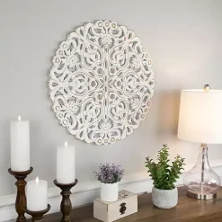 Antique White Damask Round Wall Plaque