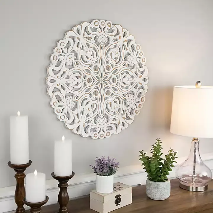 Antique White Damask Round Wall Plaque