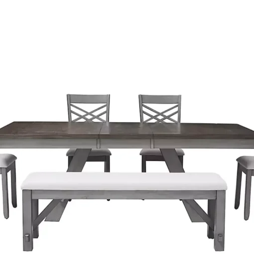 Antique White Upholstered Gray Wood Dining Bench