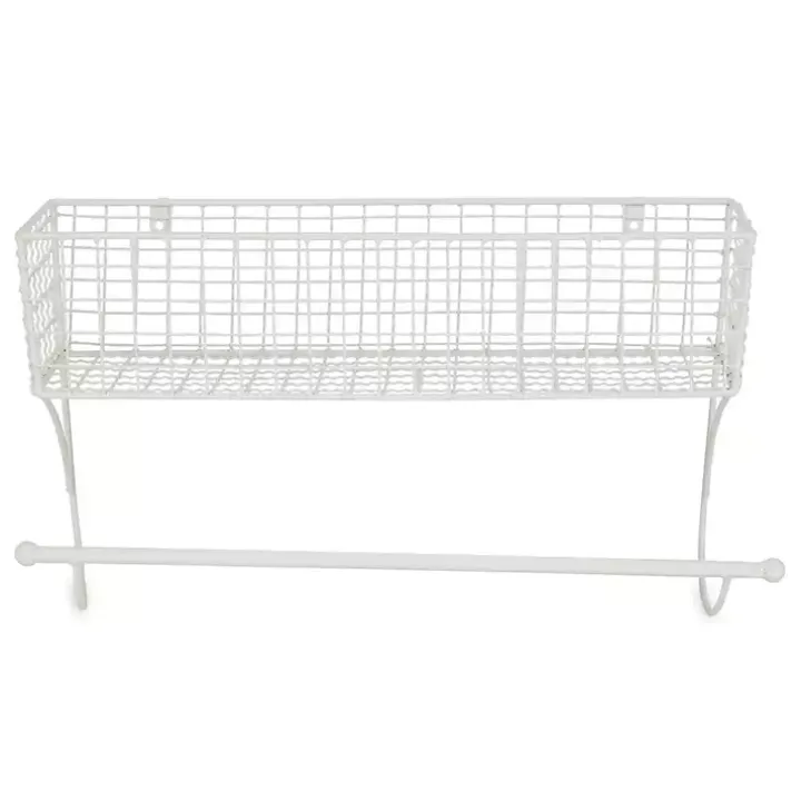 Antique White Wire Basket Towel Rack, 17 in.