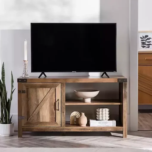 Barn Door Rustic Oak TV Stand with Open Shelves