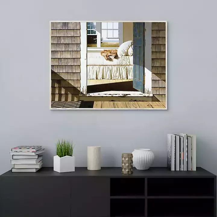 Beach House Dog Framed Canvas Art Print