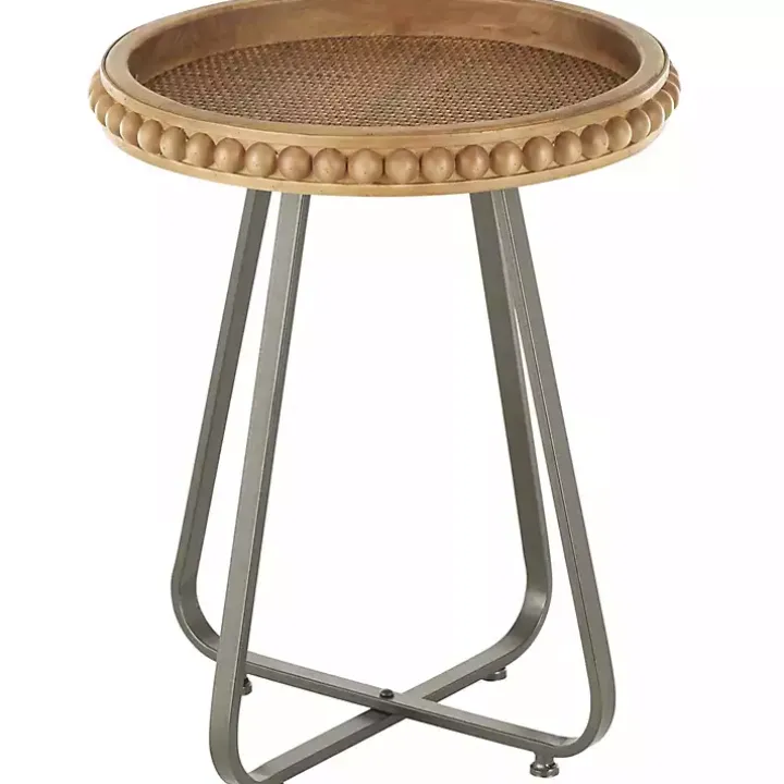 Beaded Wood Rattan Round Accent Table