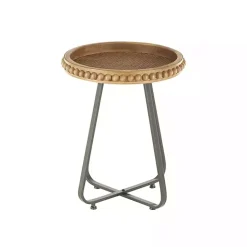 Beaded Wood Rattan Round Accent Table