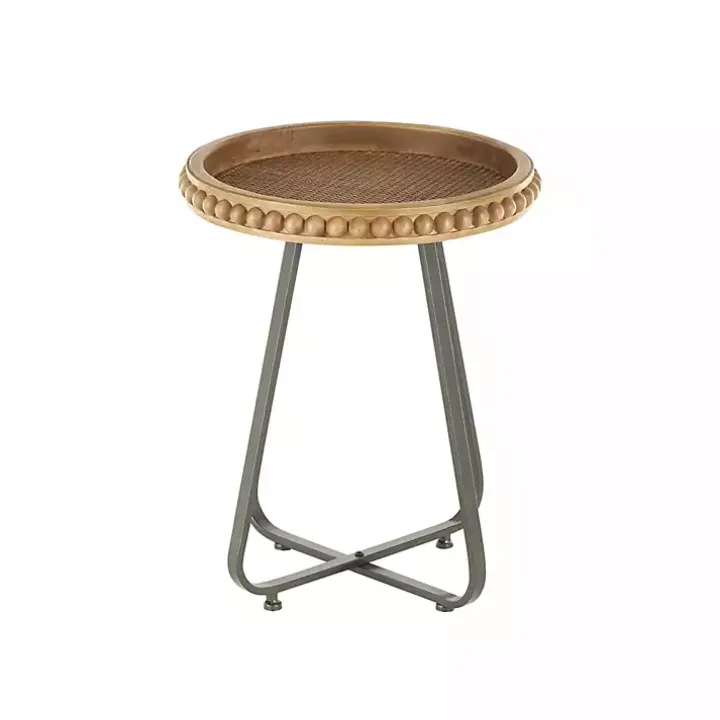 Beaded Wood Rattan Round Accent Table