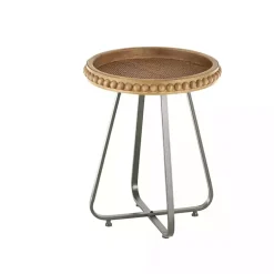 Beaded Wood Rattan Round Accent Table
