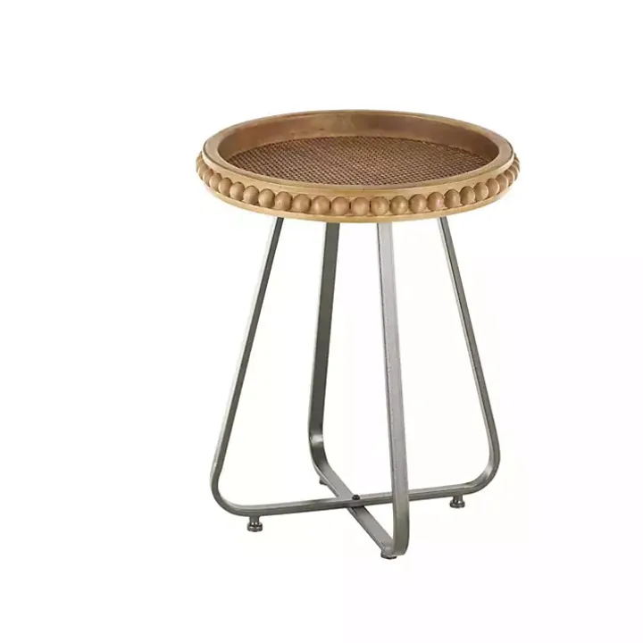 Beaded Wood Rattan Round Accent Table