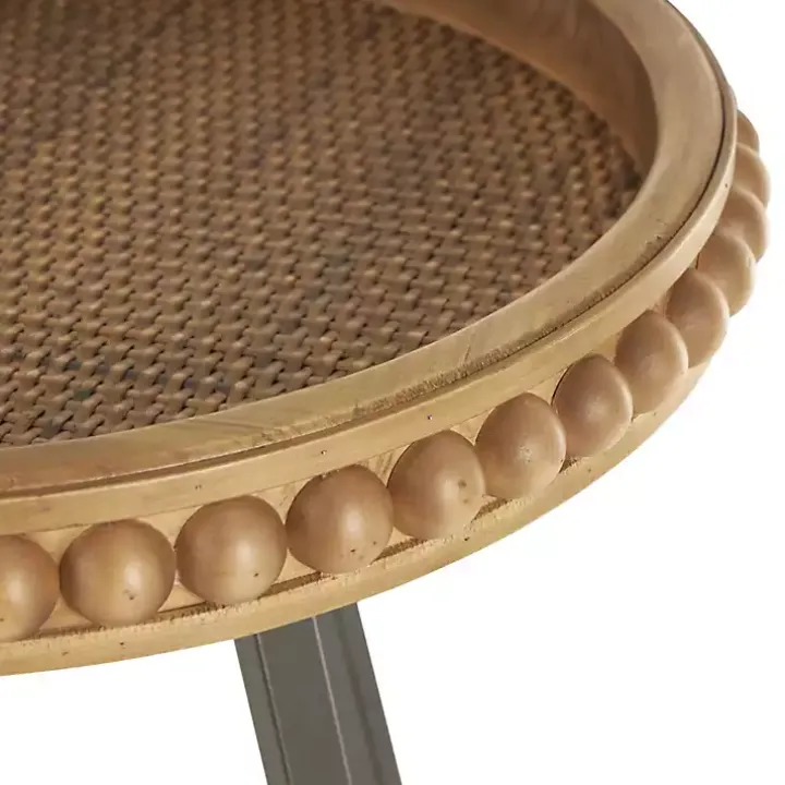 Beaded Wood Rattan Round Accent Table