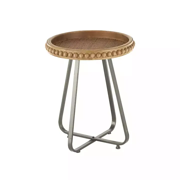 Beaded Wood Rattan Round Accent Table