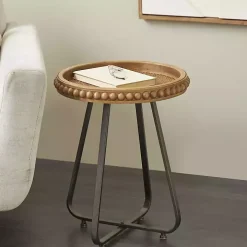 Beaded Wood Rattan Round Accent Table
