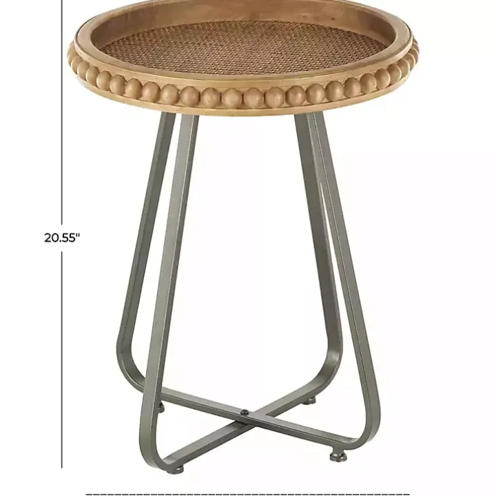 Beaded Wood Rattan Round Accent Table