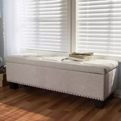 Beige Button-Tufted Upholstered Storage Bench
