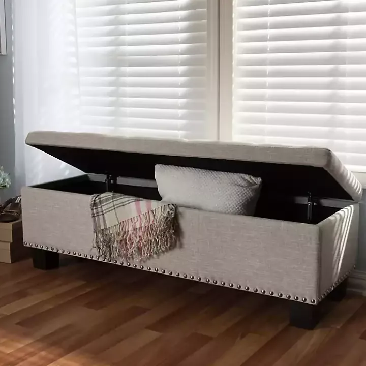 Beige Button-Tufted Upholstered Storage Bench
