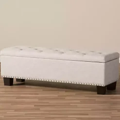 Beige Button-Tufted Upholstered Storage Bench