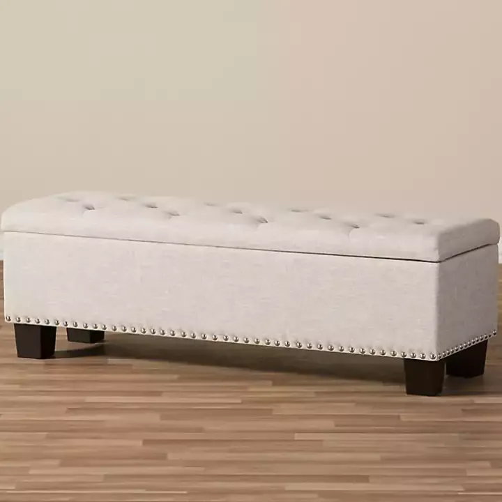 Beige Button-Tufted Upholstered Storage Bench
