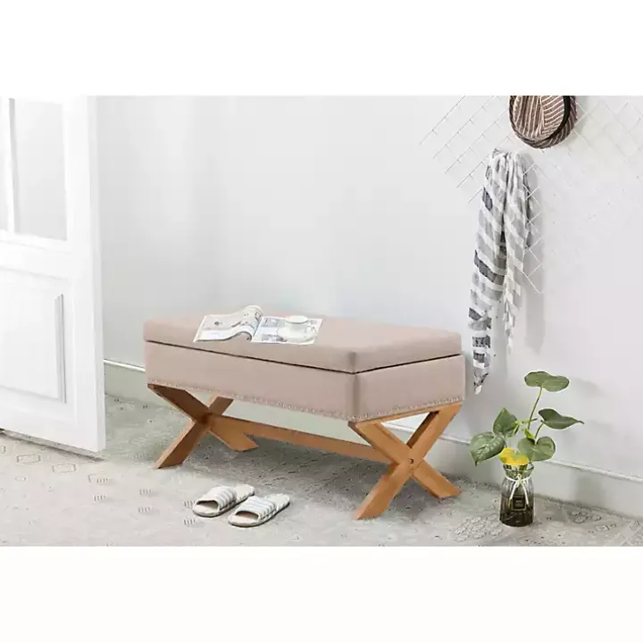 Beige Crossed Storage Ottoman