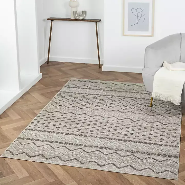 Beige Geometric Stripe Washable Area Rug, 7x9