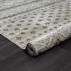 Beige Geometric Stripe Washable Area Rug, 7x9