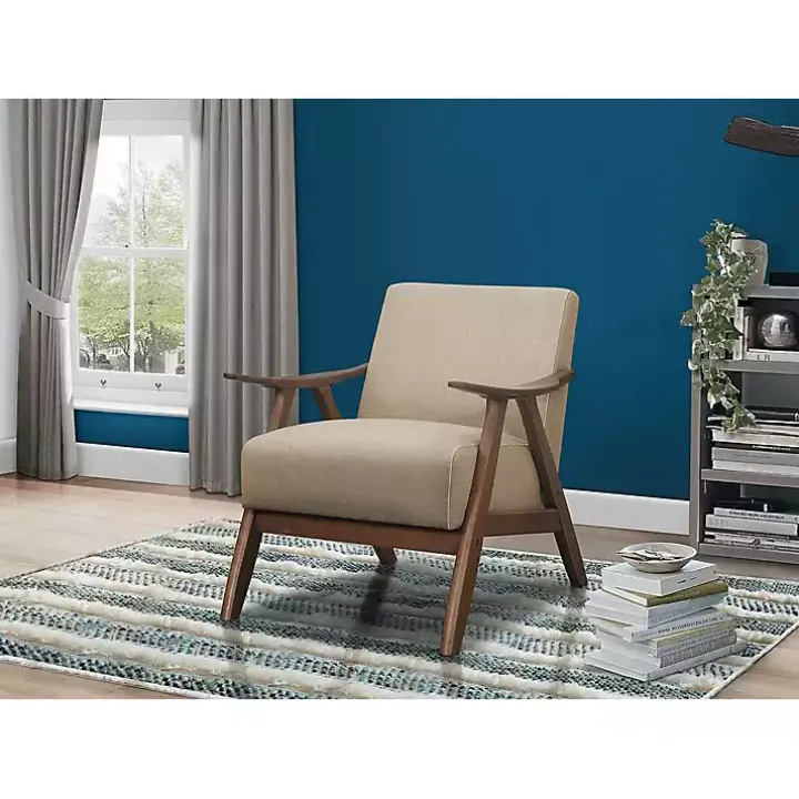 Beige Mid-Century Hazel Wood Frame Accent Chair