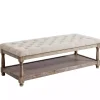 Beige Tufted Linen and Wood Bench