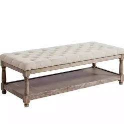 Beige Tufted Linen and Wood Bench