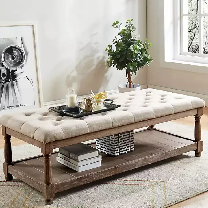 Beige Tufted Linen and Wood Bench