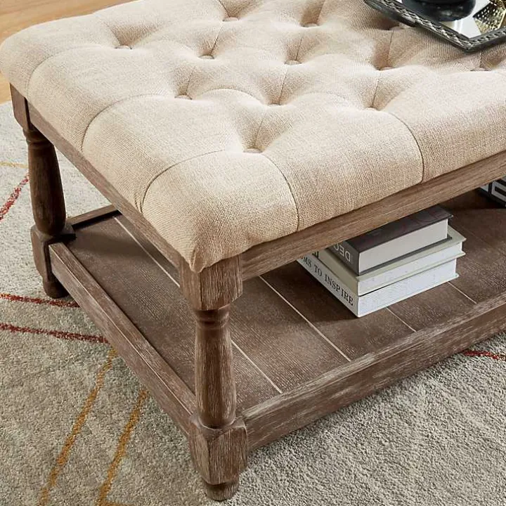 Beige Tufted Linen and Wood Bench