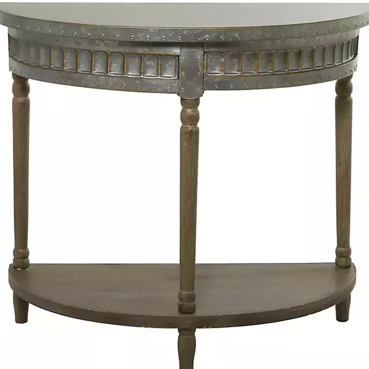 Beige Wood and Metal Half Moon Console Table