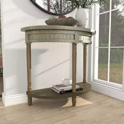 Beige Wood and Metal Half Moon Console Table