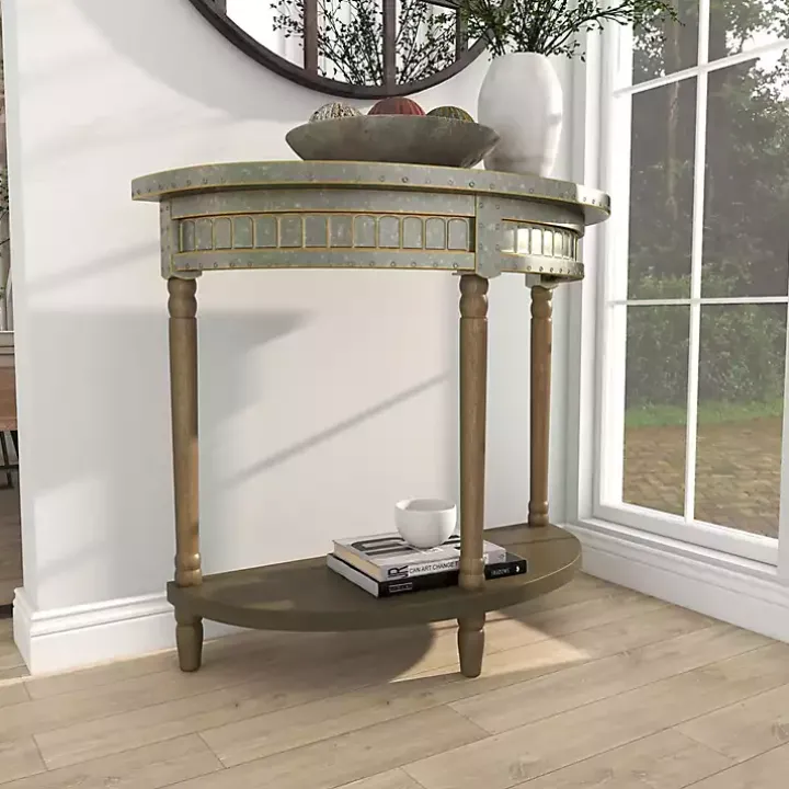 Beige Wood and Metal Half Moon Console Table