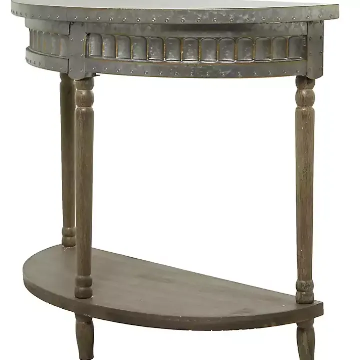 Beige Wood and Metal Half Moon Console Table