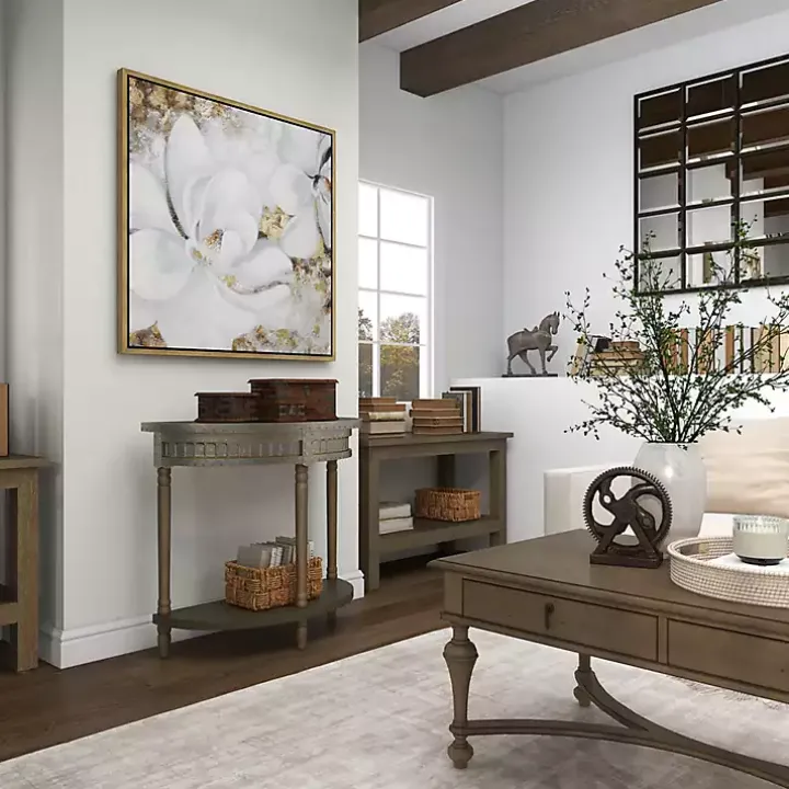 Beige Wood and Metal Half Moon Console Table