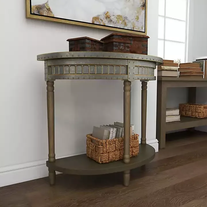 Beige Wood and Metal Half Moon Console Table