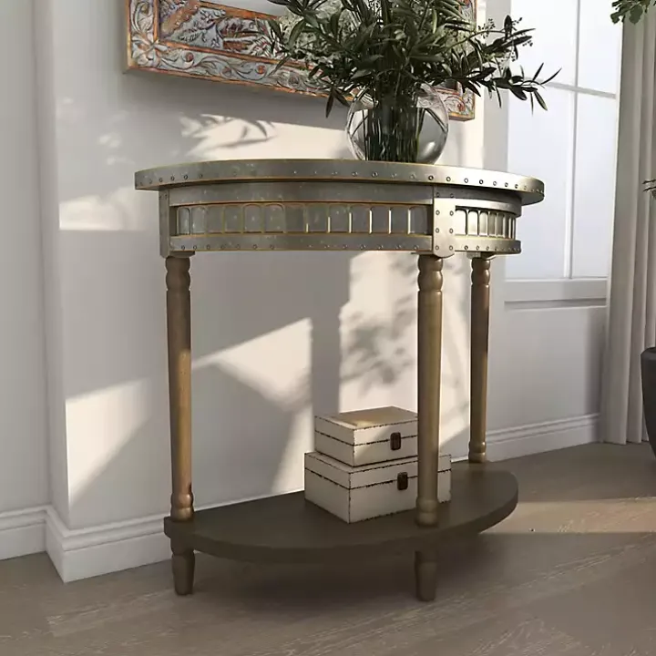 Beige Wood and Metal Half Moon Console Table