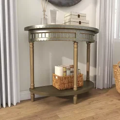 Beige Wood and Metal Half Moon Console Table