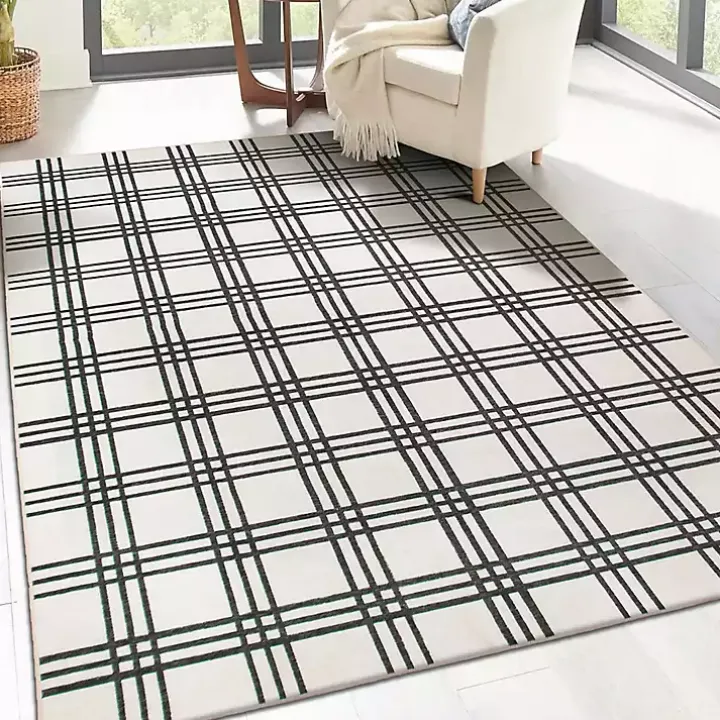 Black and Cream Plaid Washable Area Rug, 5x7