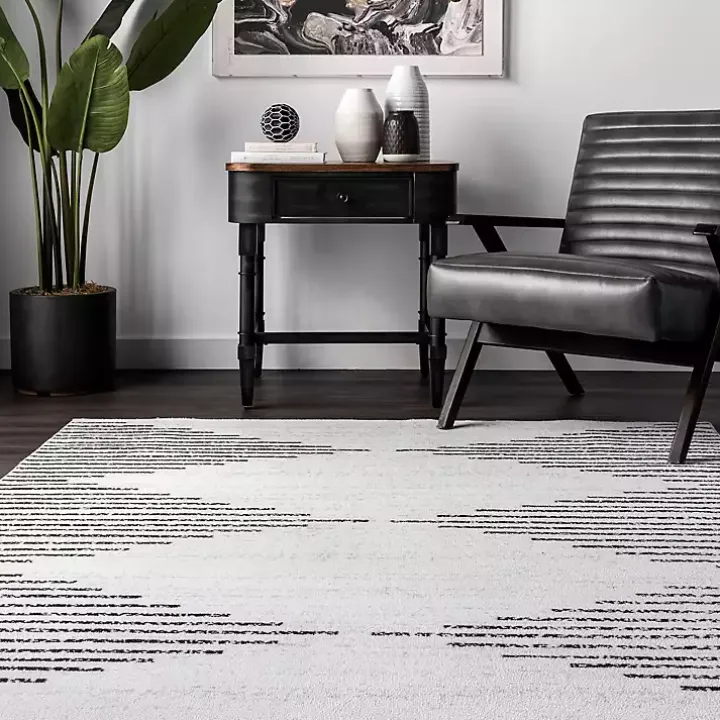 Black and Ivory Diamond Washable Area Rug, 5x8