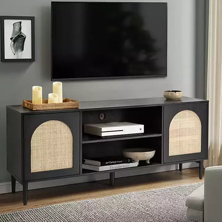 Black and Natural Rattan Media Cabinet