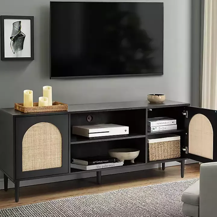 Black and Natural Rattan Media Cabinet