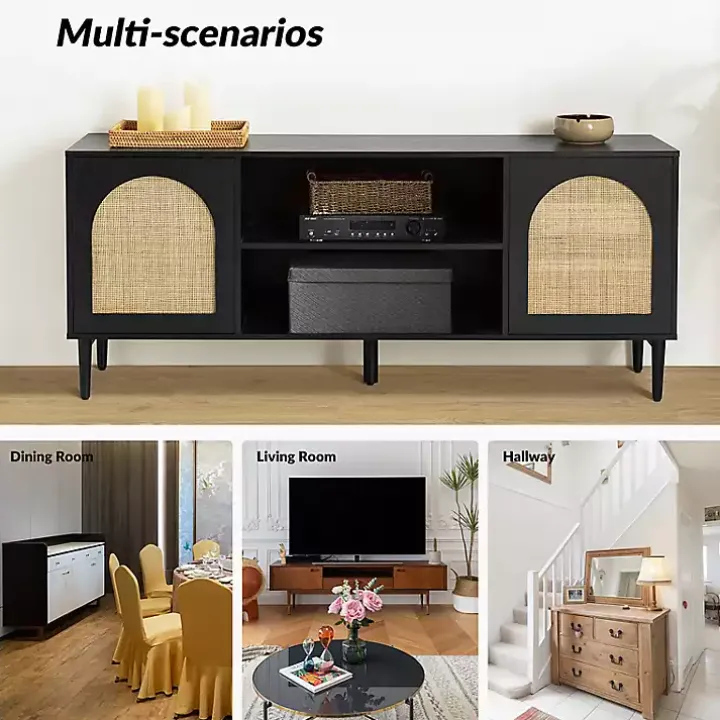 Black and Natural Rattan Media Cabinet