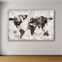 Black and White World Map Giclee Canvas Art Print