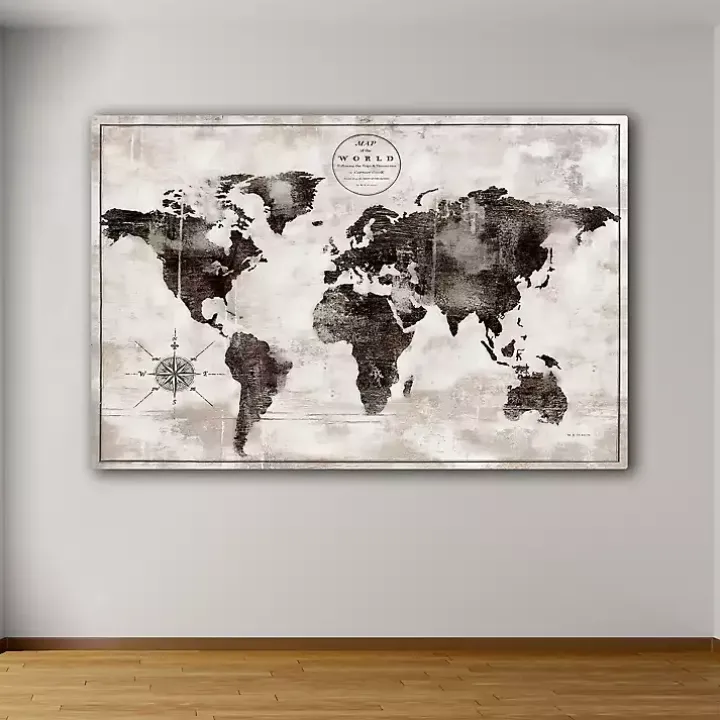 Black and White World Map Giclee Canvas Art Print