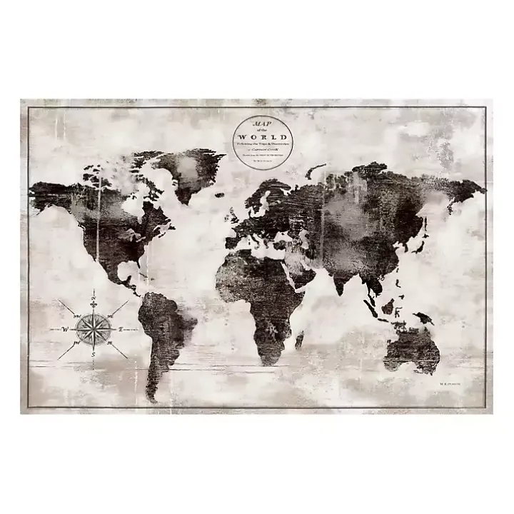 Black and White World Map Giclee Canvas Art Print