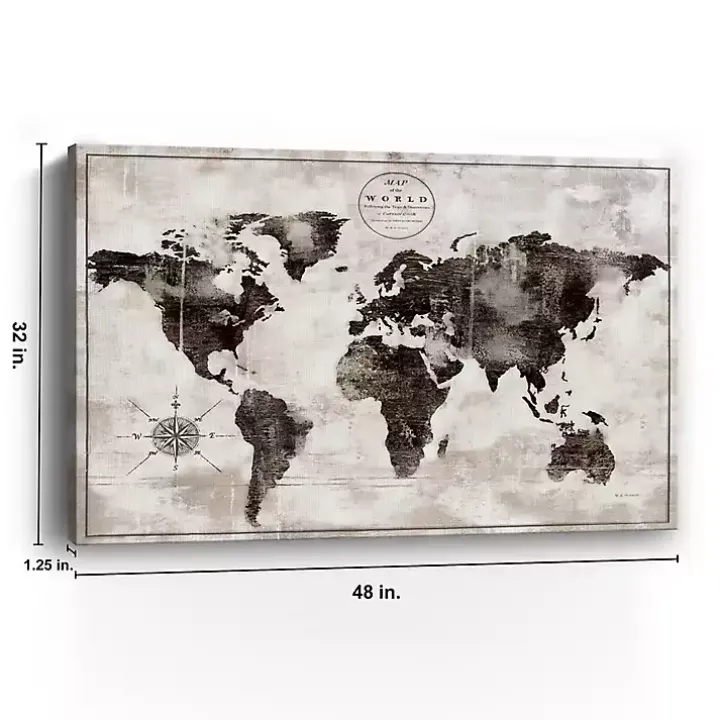 Black and White World Map Giclee Canvas Art Print