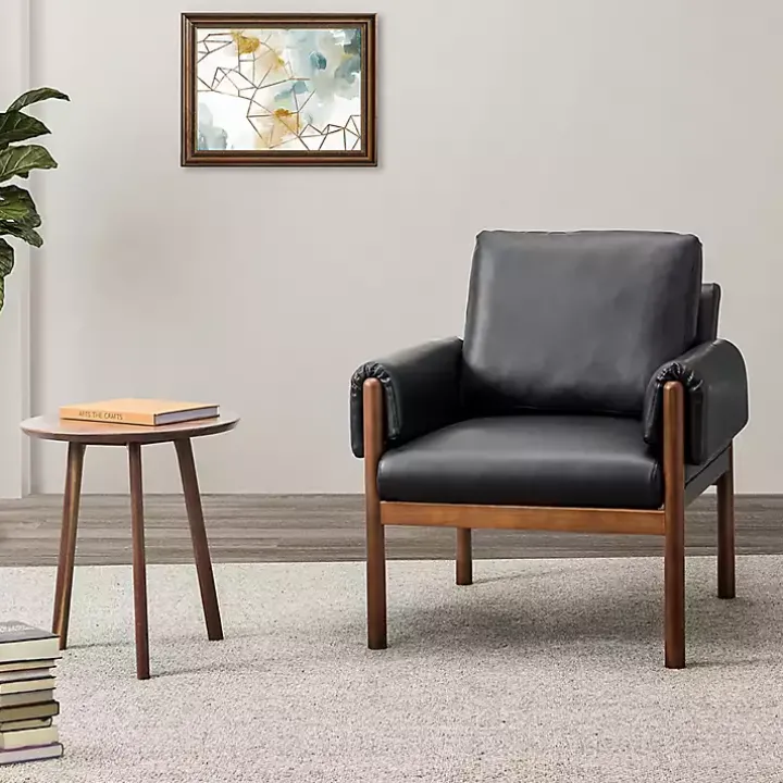 Black Faux Leather and Wood Accent Chair
