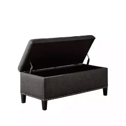 Black Linen Button Tufted Storage Bench