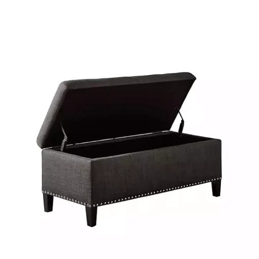 Black Linen Button Tufted Storage Bench