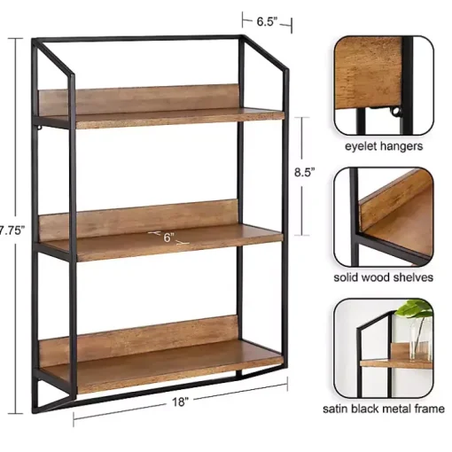 Black Metal & Rustic Wood Tiered Wall Shelf