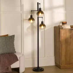 Black Metal and Gold Glass 3-Arm Floor Lamp